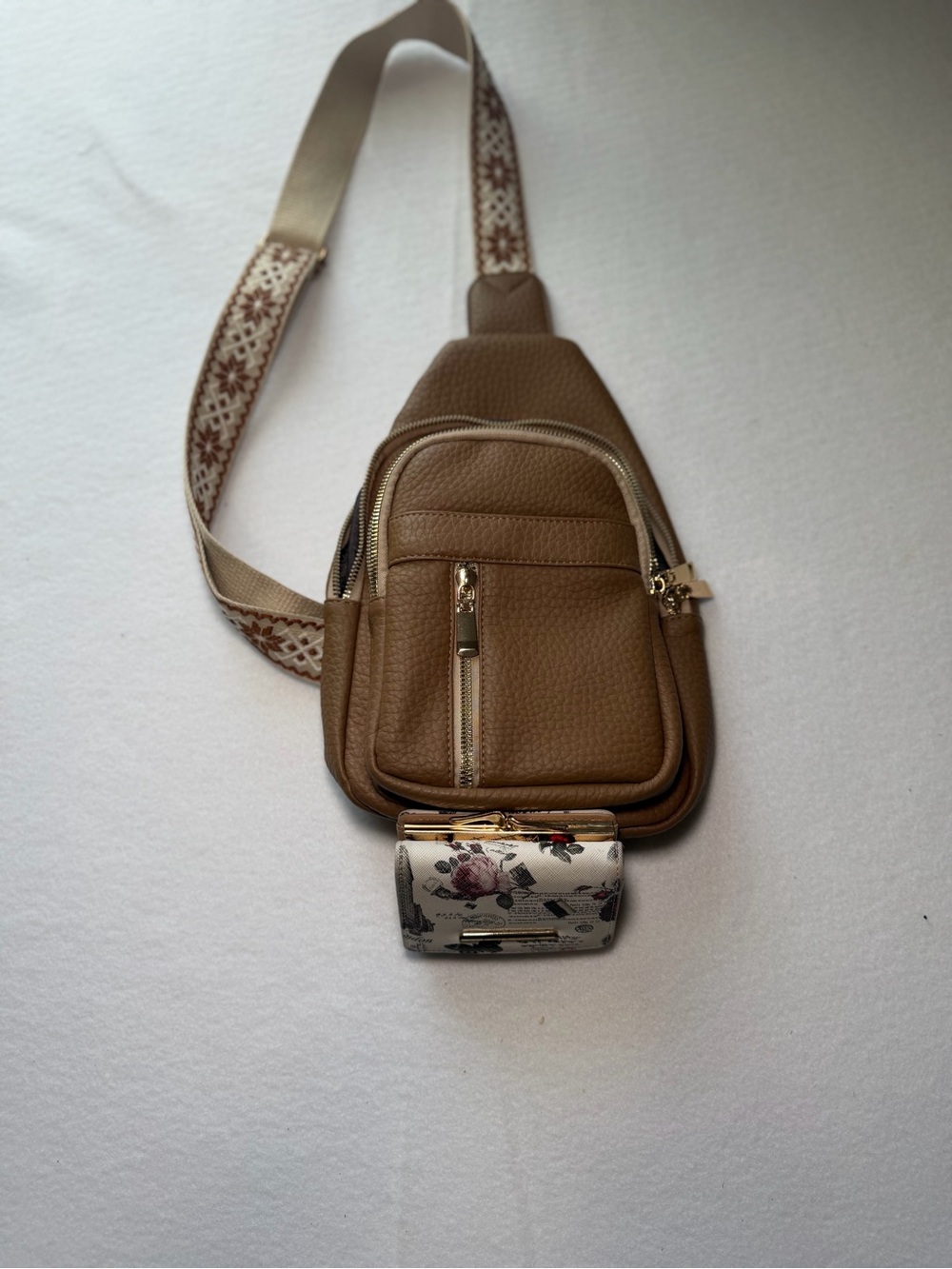 Tan Leather Crossbody Sling Bag with Floral Wallet